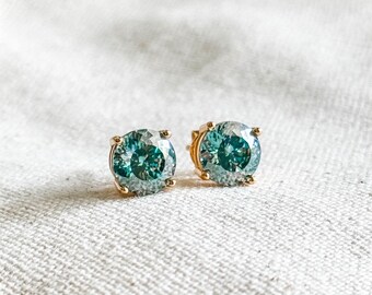 Green Moissanite Earrings, 8mm 4.0 ct Portuguese Cut Blue-Green VVS1 Moissanite, Gemstone Earrings in Sterling Silver or Gold Pushback Studs