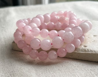 Pink Rose Quartz Gemstone Bracelet Set of 3, Natural Rose Quartz Bubble Gum Beaded Bracelet, Stackable Stretch Fit, Gifts For Her Under 30