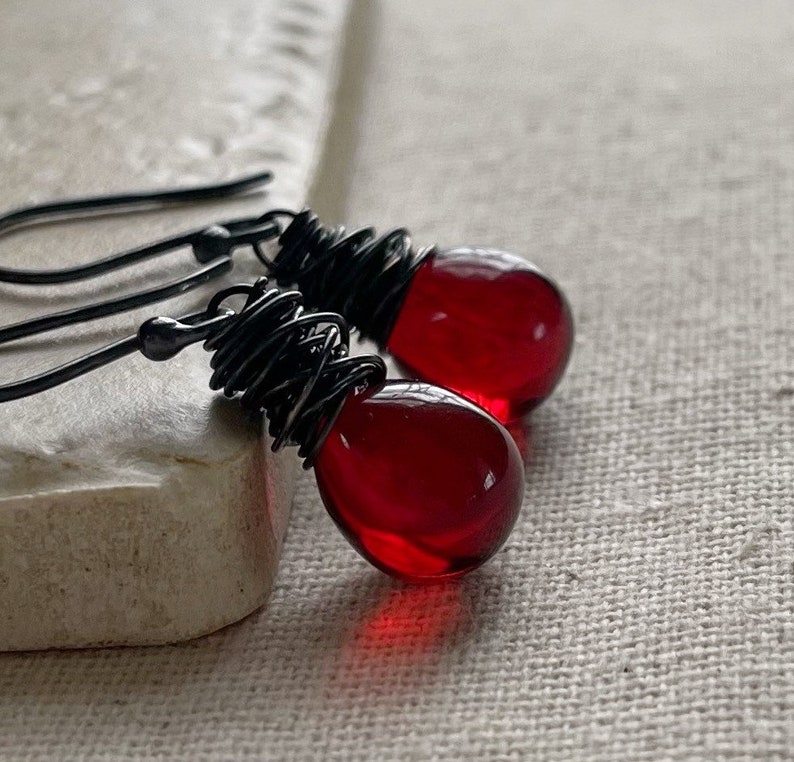 January Birthstone Garnet Red Earrings, Czech Glass in Pomegranate, Dark Red Teardrop Earrings, Sterling Silver Handmade Jewelry image 3