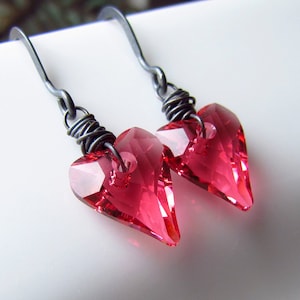 Tiny Pink Heart Dangle Earrings, Valentine&#39;s Gift For Her Under 40, Oxidized Sterling Silver, Swarovski Wild Hearts in Strawberry Crème