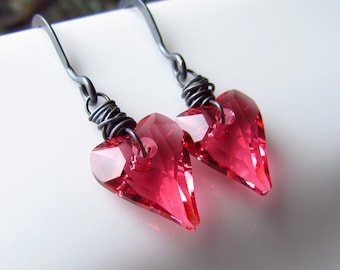 Tiny Pink Heart Dangle Earrings, Valentine's Gift For Her Under 40, Oxidized Sterling Silver, Swarovski Wild Hearts in Strawberry Crème