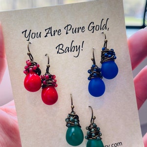 Little Red Drop Earrings, Poppy Red Glass Dangle Earrings, Hand Wrapped in Antiqued Brass, Gifts for Mom Under 30 image 7