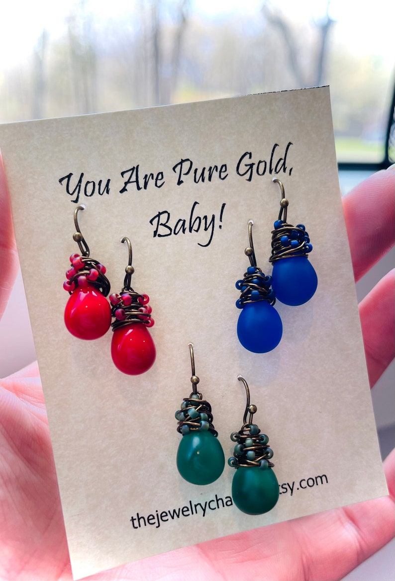 Little Red Drop Earrings, Poppy Red Glass Dangle Earrings, Hand Wrapped in Antiqued Brass, Gifts for Mom Under 30 image 7