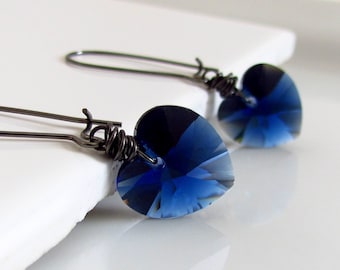 Navy Blue Heart Dangle Earrings, Valentine Earrings For Her Under 30, Swarovski Crystal, Dark Blue Crystal Heart, Gunmetal Wrapped Jewelry