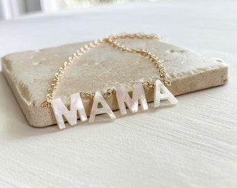 Mama Necklace Gold Filled Pendant Chain, Mother of Pearl Word Necklace - A Sentimental Gift for Mom, First Mother's Day Gift, Gold or Silver