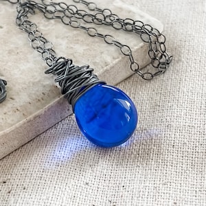 Big Royal Blue Pendant Necklace, Oxidized Sterling Silver Chain Necklace with Cobalt Blue Bauble, Gifts for Mom