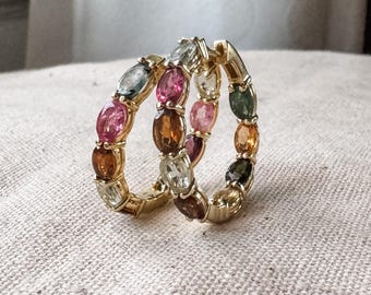 Multicolor Turmalin Hoop Ohrringe, Sterling Silber oder Gold