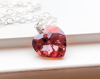 Red Heart Pendant, XOXO Swarovski Crystal Red Heart Necklace in Sterling Silver, Heart Valentine's Jewelry for Her