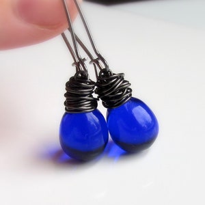 Cobalt Blue Dangle Glass Earrings, Bright Colorful Earrings, Royal Blue Gunmetal Brass Drop Style Earrings, Gifts for Her Under 30