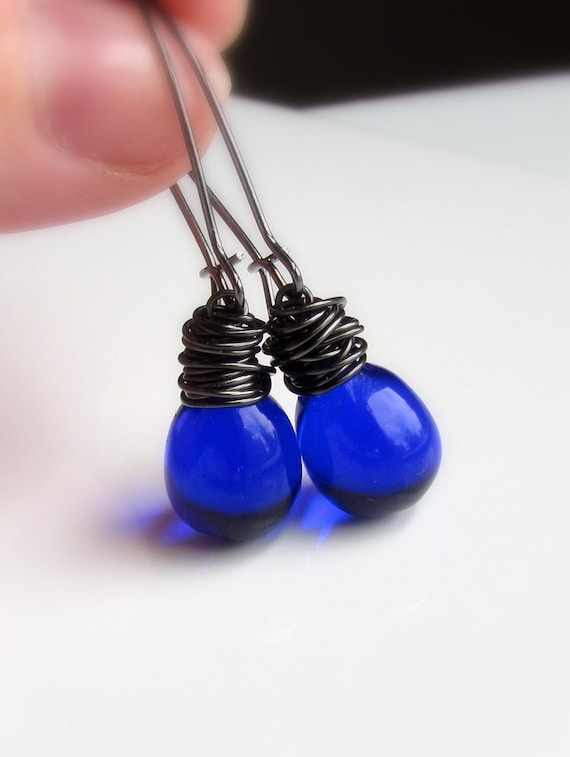 Orecchini Pendenti Cobalto Blu Royal Con Cristallo - Placcato Argento, Fatti A Mano