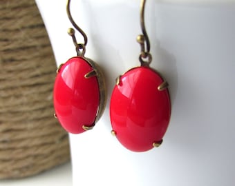 Vintage Tomato Red Glass Earrings, Cute Red Drop Earrings in Antiqued Brass, Cherry Red Drop Earrings, Gifts Under 25, Gifts For Her