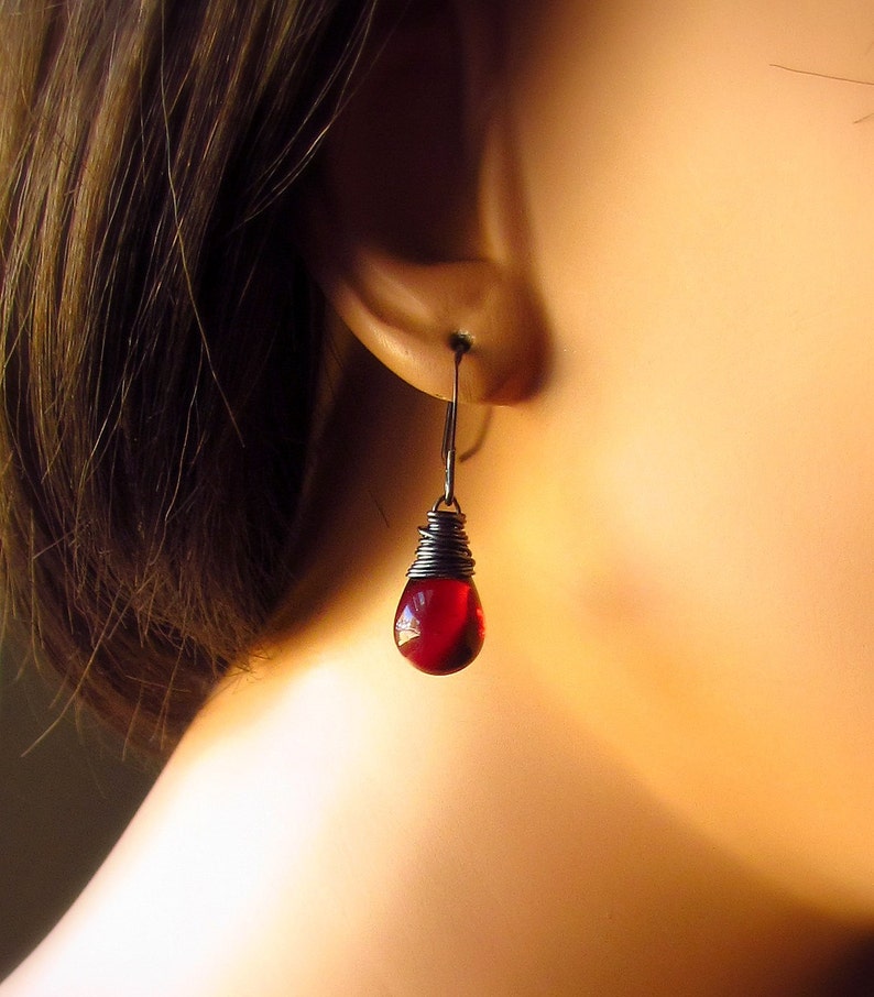 January Birthstone Garnet Red Earrings, Czech Glass in Pomegranate, Dark Red Teardrop Earrings, Sterling Silver Handmade Jewelry image 5