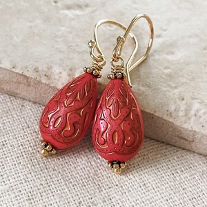 Raspberry and Gold Boho Dangle Earrings, Gifts for Her Under 30, Gold Washed Vintage Style Statement Earrings, Jewelry for Everyday Wear