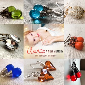 May include: Assortment of handmade earrings featuring various styles and colors, including teardrop, heart, and crystal shapes. The earrings are made with wire wrapping and glass beads. The image also includes the text "Unwrap a New Memory The Jewelry Chateau".