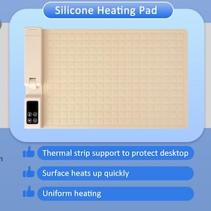 Könnte beinhalten: Infografik, die ein traditionelles Heizkissen, ein Silikon-Heizkissen und die natürliche Lufttrocknung vergleicht. Das Silikonkissen ist beige mit einem Bedienfeld. Der Text hebt die gleichmäßige Erwärmung hervor.