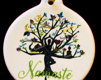 Namaste Peace Green Tree of Life Porcelain Christmas Ornament Rhinestone accent