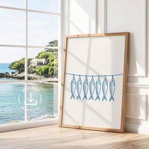 Sardine retrò, arte moderna, stampa artistica di sardine, dipinto di sardine ad acquerello, estetica del pescatore, arredamento per la camera da letto in stile spiaggia, stampa di pesce azzurro, stile preppy