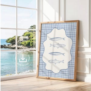 Stampa artistica da parete con sardine blu, estetica del pescatore, arte murale retrò costiera, poster alla moda con sardine, decorazione estetica colorata per la cucina, pesce in scatola