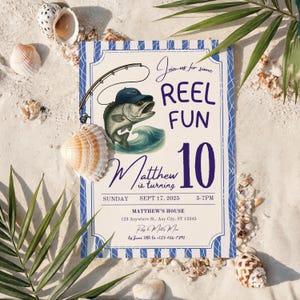 Modèle d'invitation de pêche modifiable, invitation d'anniversaire pour enfants, carte d'invitation nautique bleue pour fête d'anniversaire de pêche amusante, fête à thème océan