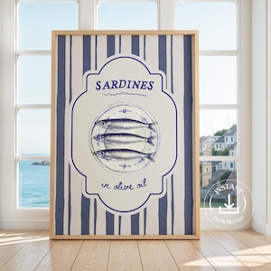 Stampa artistica da parete "Sardines blu" Fisherman Core, stampa da parete retrò costiera, poster trendy di sardine, pesce in scatola, estetica da cucina in stile old money