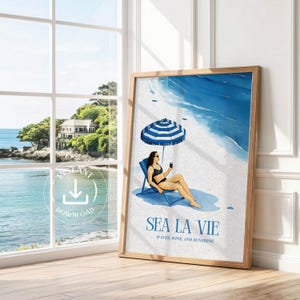 Decorazione murale con ombrellone da spiaggia, poster colorato con vista sul mare, costa occidentale pastello, decorazione da spiaggia preppy, decorazione retrò in stile mediterraneo per la stanza da spiaggia