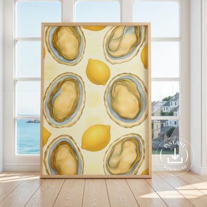 Stampa artistica da parete con conchiglie di ostriche acquerellate, stile pescatore, dipinto di frutti di mare retrò, decorazione da spiaggia preppy, poster colorato con limone da cucina