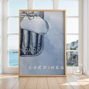 Stampe artistiche da parete con sardine blu, estetica del pescatore, sardine retrò, arte moderna marittima, decorazione da parete con pesci costieri, stampa ad acquerello, poster da cucina
