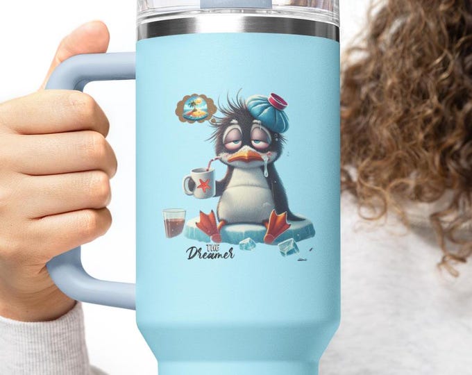 Charming Penguin Design Insulated Travel Mug, Personalizable, Hot & Cold Drinks, Coffee Lover Gift, Outdoor Cup, Holiday Mug, Nature Lovers