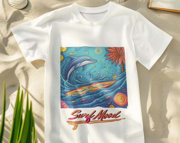 Surf Dolphin Unisex Tee, Beach Vibes T-shirt, Ocean Lover Shirt, Sea Life Clothing, Dolphin Print Top, Beach Mood,  Holidays
