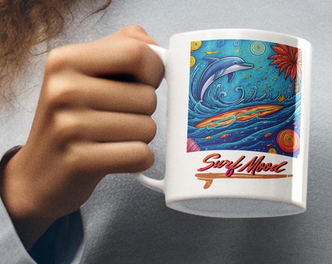 Surf Mood Moment Ceramic Mug, Dolphin Coffee Cup, Ocean Lover Gift, Beach Theme Kitchen Decor, Surfing Mug, Sea Animal Tea Cup, Beach Mood