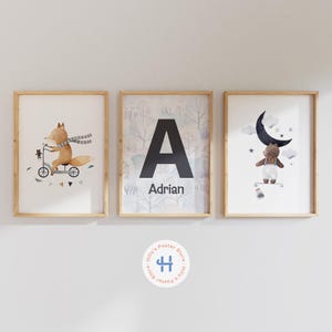 Personalized Name and Initial Poster Set, Cute Woodland and Moon-Themed Nursery Wall Art, Custom Baby Room Decor, Digital Download