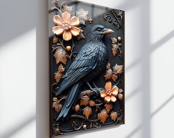 Raven Glass Wall Art, 3D Floral Crow Tempered Glass Print, Dark Botanical Bird Decor, Gothic Nature Glass Wall Art, Unique Home Decor Gift