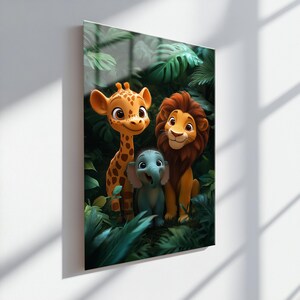 Arte mural de vidrio con animales de safari, arte mural de vidrio templado, pintura de vidrio estilo Pixar, arte mural infantil, decoración de pared infantil.