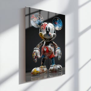 Graffiti Mickey Mouse Glass Wall Art, Street Pop gehard glazen muurkunst, 3D-sculptuurkunstwerk, kleurrijke moderne muurkunst, cartoon woondecoratie