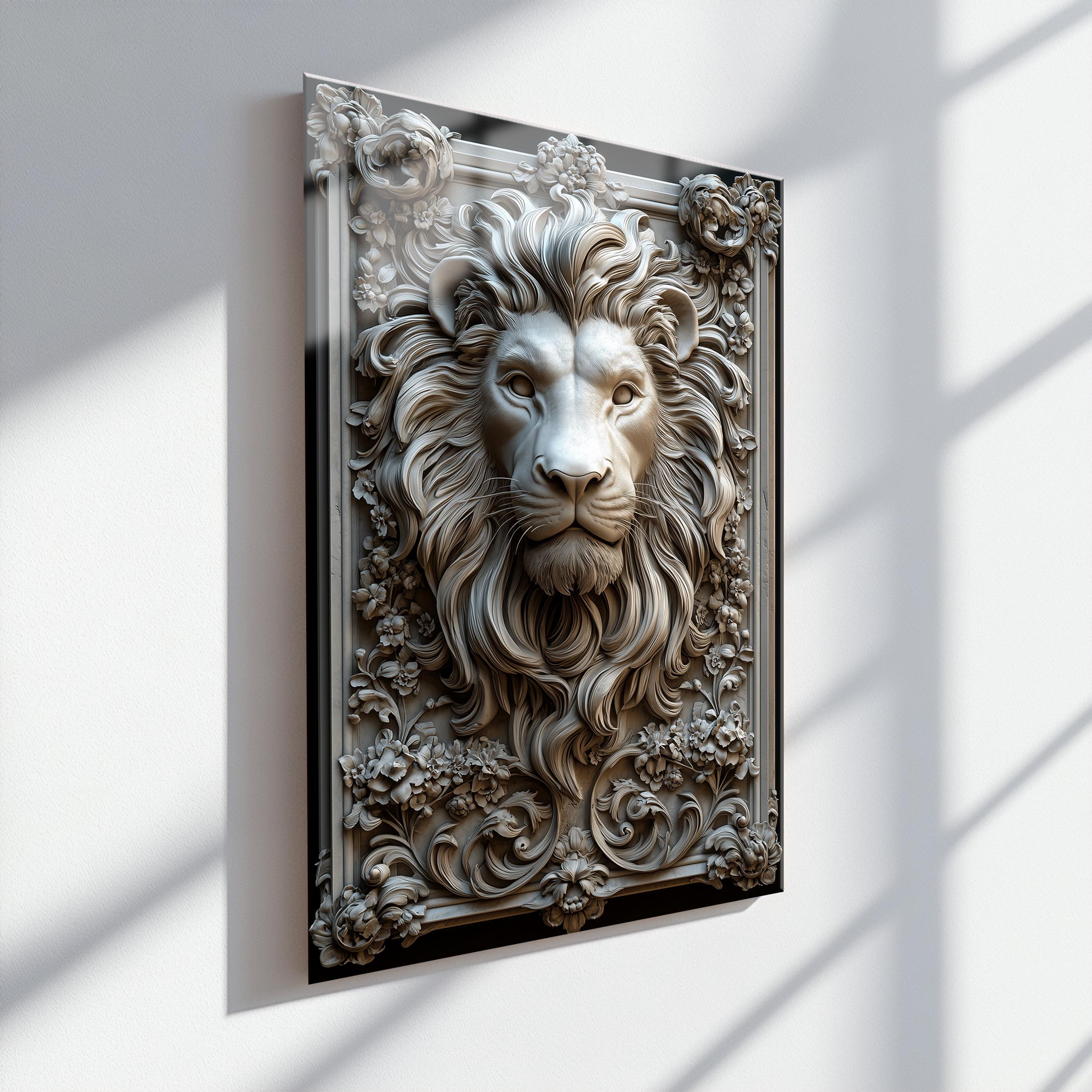 Lion Head Glass Wall Art, Floral Baroque Relief Tempered Glass Print, Ornate Animal Sculpture Decor, Unique Wall Artwork for Bold Interiors