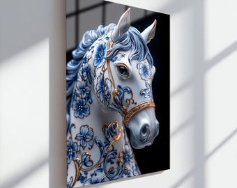 Porcelain Horse Glass Wall Art, Blue Floral Tempered Glass Print, Ceramic Animal Sculpture, Luxury Decorative Artwork for Home Decor