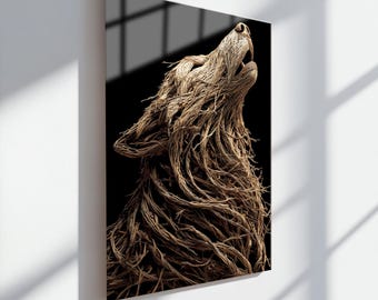 Wolf Sculpture Glass Wall Art, Tempered Glass Wall Art, Howling Wolf Artwork, Wood Style Decor, Rustic Animal Wall Art, Natural Wildlife Art