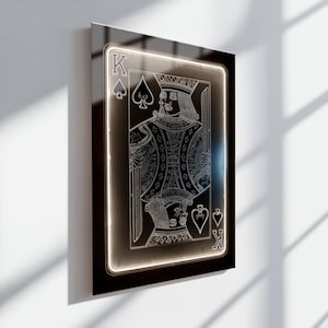 Arte de parede em vidro Rei de Espadas, Arte de parede em vidro temperado, Decoração de cartas de pôquer neon, Enfeite para cartas de baralho, Arte de parede de cassino para decoração de sala de jogos