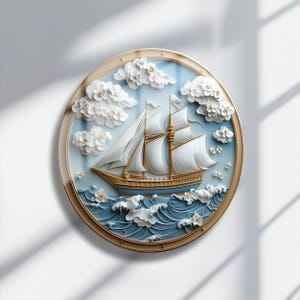 Sailing Ship Glass Wall Art, Circular Tempered Glass Wall Art, 3D Ocean Decor, Coastal Nautical Scene, Sea Waves Artwork, Marine Home Accent