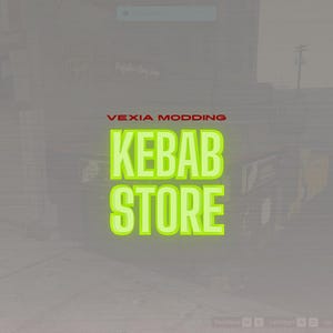 Könnte beinhalten: Ein neongrünes "KEBAB STORE" Schild mit dem Text "VEXIA MODDING" in Rot darüber. Das Schild befindet sich vor einem verschwommenen Stadtbild mit Gebäuden und einem Fahrzeug.