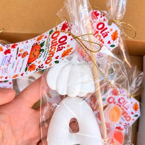 May include: A clear plastic bag containing a white pumpkin-shaped plaster figure, a white letter A plaster figure, a small paintbrush, and two small pots of orange and red paint. A tag attached with gold string reads Olá Outono.