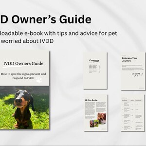 以下が含まれることがあります： 「IVDD オーナーガイド」というタイトルのダウンロード可能な電子書籍で、表紙にはダックスフントが写っています。この本は、IVDD を心配しているペットの飼い主のためのヒントとアドバイスを提供しています。