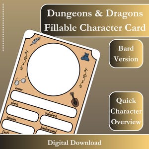 DnD 5E Bard Character Sheet 2024 – Fillable PDF, Mini Character Sheet, Printable Customizable Sheet for Dungeons & Dragons 5e