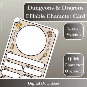 DnD 5E Cleric Character Sheet 2024 – Fillable PDF, Mini Character Sheet, Printable Customizable Sheet for Dungeons & Dragons 5e