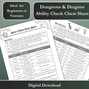 DnD 5E 2024 Ability Check Cheat Sheet, Players Handbook Reference,Dungeons and Dragons Game Instructions,Dungeons and Dragons Beginner Guide