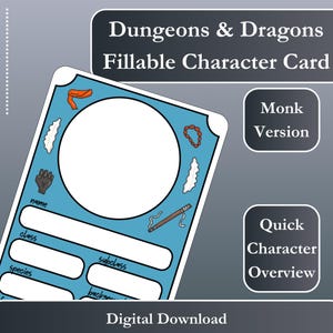 DnD 5E Monk Character Sheet 2024 – Fillable PDF, Mini Character Sheet, Printable Customizable Sheet for Dungeons & Dragons 5e