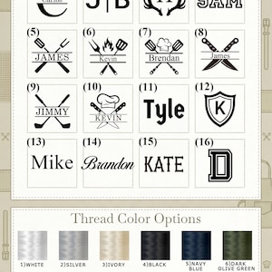 May include: A logo design portfolio featuring various monogram and name designs. Includes options with chef hats, crossed knives, and sports themes. Color options for thread include white, silver, black, navy blue, and more. The SupapornStudio logo is at the bottom.