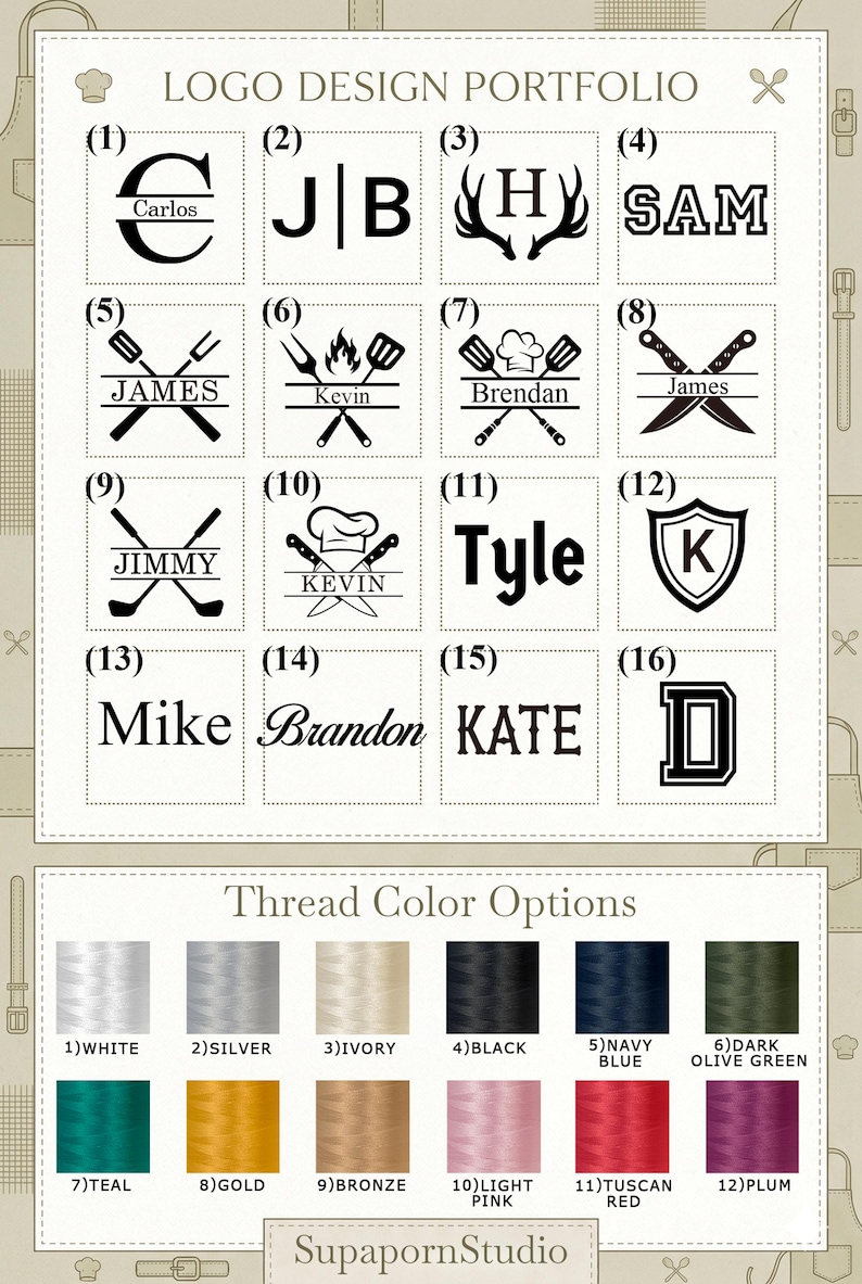 May include: A logo design portfolio featuring various monogram and name designs. Includes options with chef hats, crossed knives, and sports themes. Color options for thread include white, silver, black, navy blue, and more. The SupapornStudio logo is at the bottom.