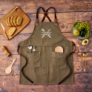 Custom BBQ Grilling Apron for Men | Personalized Thick Canvas Chef Apron | Grill Master Gift for Dad| Embroidered Kitchen Apron with Pockets image 9