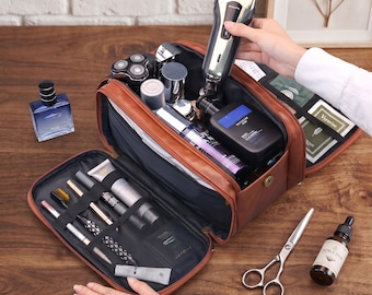 Neceser de cuero vintage, neceser clásico para hombre, bolsa de aseo rústica de viaje, bolsa de aseo impermeable, neceser retro para hombre.